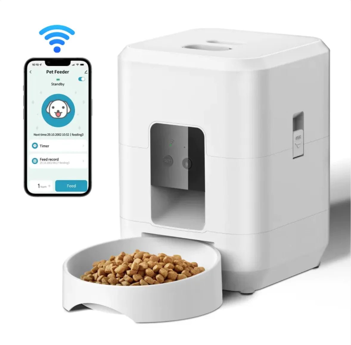 Smart Automatic Pet Feeder with app-based remote control for timed and portioned feeding.