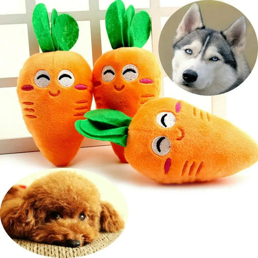 Carrot-shaped plush pet toy in orange, squeaky, soft, and durable for interactive playtime.