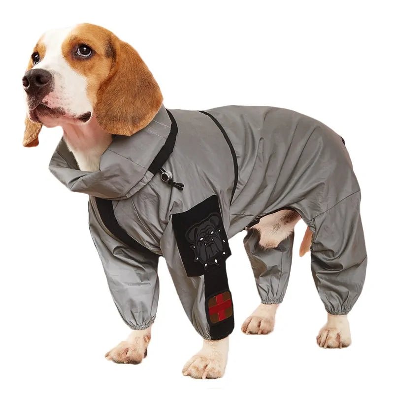 Reflective Pet Dog Raincoat keeping pets safe, dry, and visible during rainy walks.